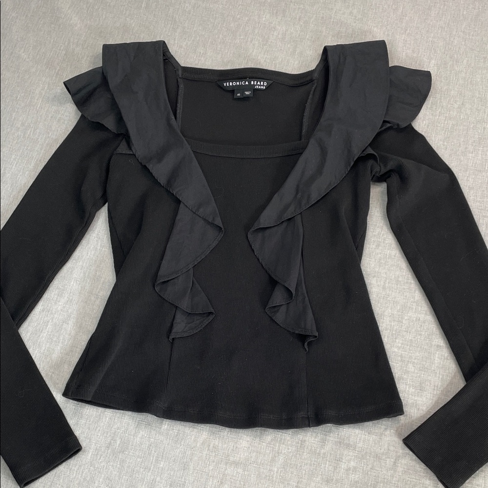 Veronica Beard Gidea Black Ruffle Top XS Pima Cotton Long Sleeve